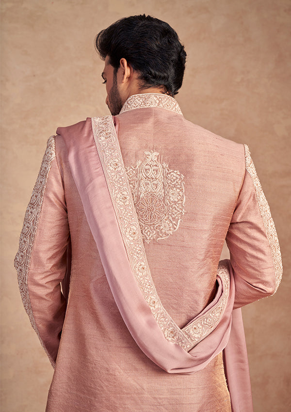 Rose Gold Shimmer Silk Sherwani with Thread and curdana work
