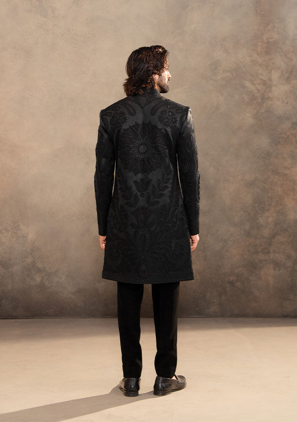 Black Satin Sherwani and Pyjama Set with Tonal Thread Embroidery
