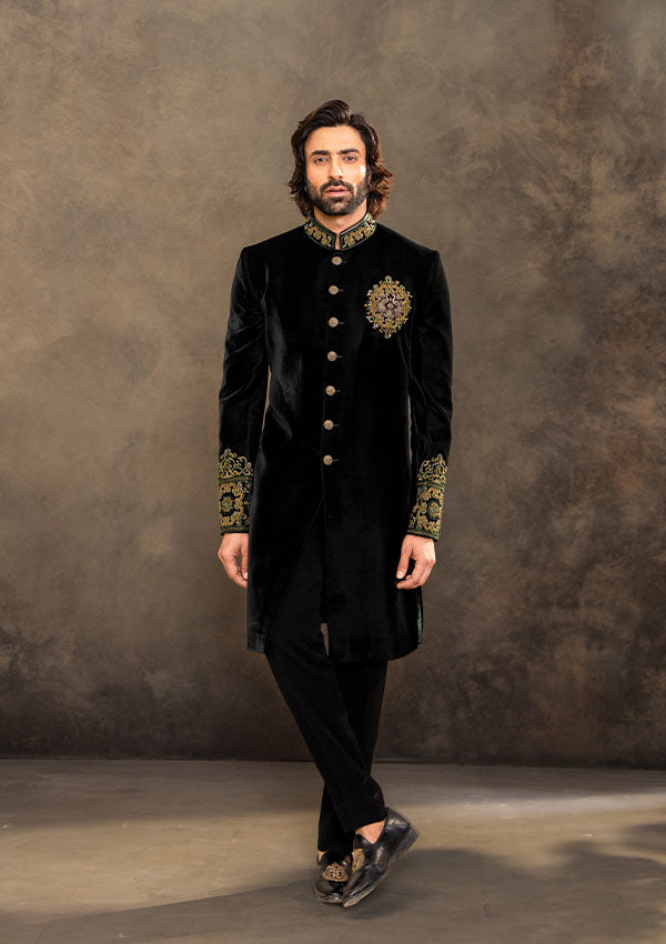 Green Velvet Indo Western Set with Oxidised Zardosi and French Knot Work