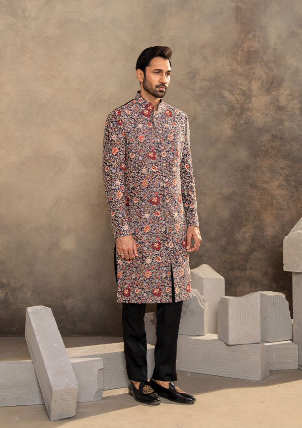 Blue Raw Silk Sherwani Set with Kashmiri Thread Work and Modal Satin Shawl