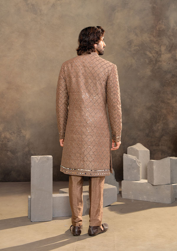 Mehndi Brown Dupion Silk Indo Western Set with Thread and Mirror Work