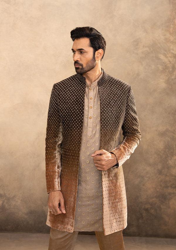 Brown Velvet Indo Kurta Set with Gunmetal and Buti Kasab Hand Work