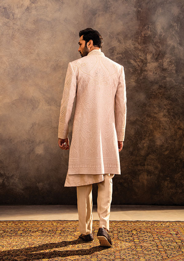 Rose Gold Sherwani Set in Dola Silk with Thread and Cutmoti Handwork