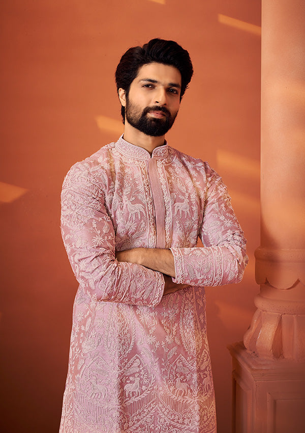 Rose Gold Raw Silk Kurta with Handcrafted Resham Thread and Pearl Detailing