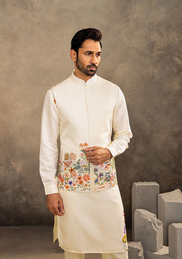 Pearl Off White Linen Blend Kurta Set with Multicolour Thread Work Koti