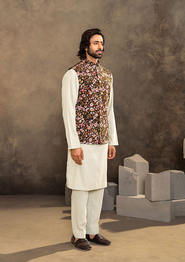 Pista Green Kurta Pajama Set with Bottle Green Koti and Floral Stitch Detailing