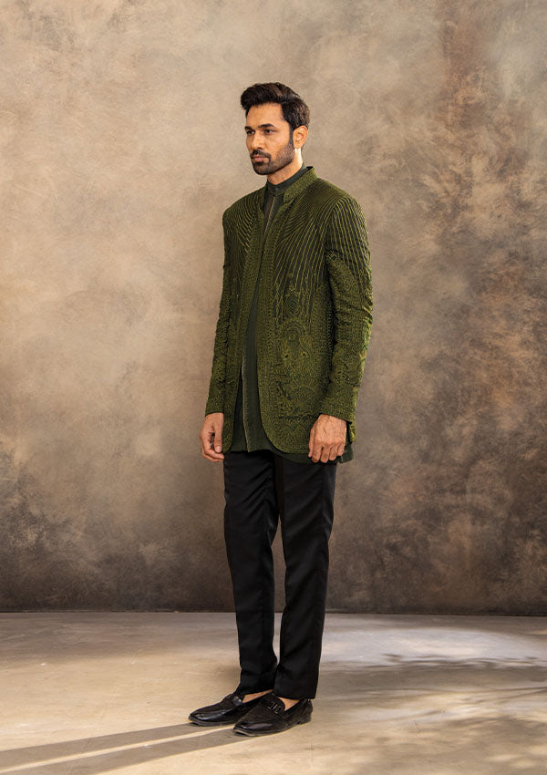 Lush Green Jodhpuri Suit Set in Georgette with Embroidery Detailing