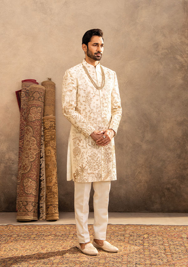 Cream Raw Silk Sherwani Set with Cutdana, Tiki and French Knot Work