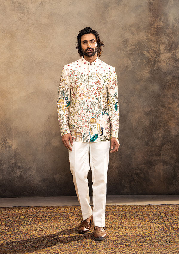 Cream Raw Silk Ensemble with Nature Inspired Thread and Zardozi Work