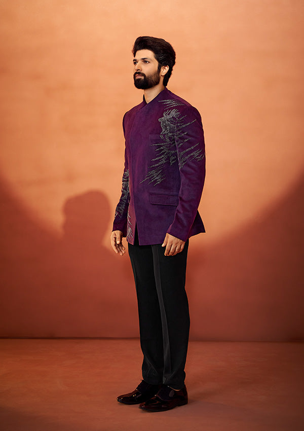 Wine Velvet Bandhgala with Handcrafted Pot Work