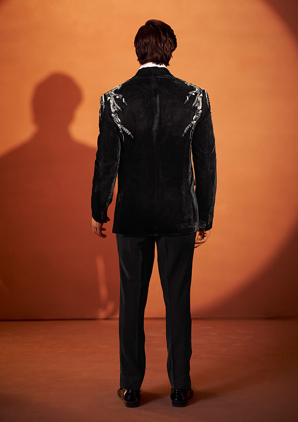 Black Velvet Tuxedo Suit with 3D Embroidery and Grey Embellishments