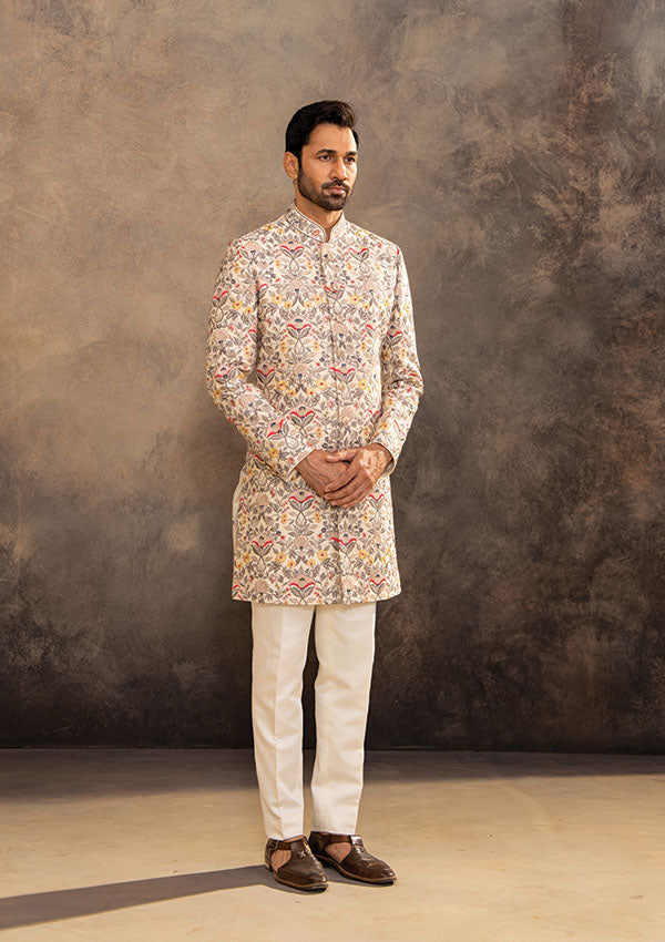 Cream Raw Silk Sherwani Set with Multicolour Floral Thread Machine Work