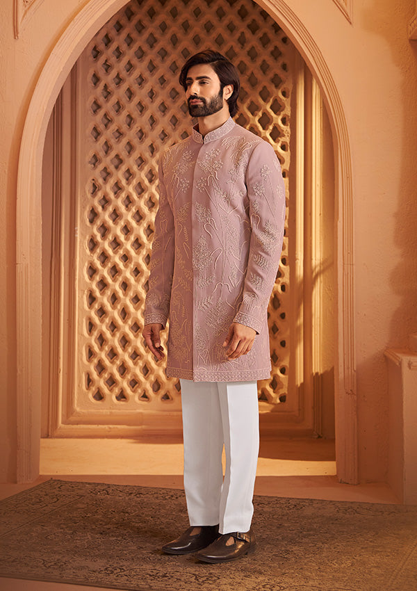 Grey Satin Silk Indo Western with All-over Pearl Hand Work