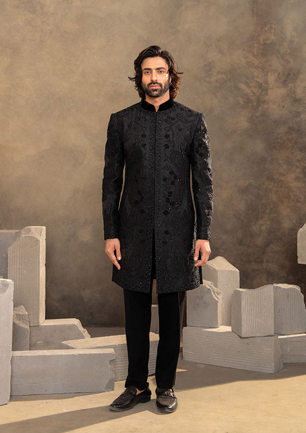 Black Raw Silk Sherwani Set with Cutdana and Velvet Appliqué Work