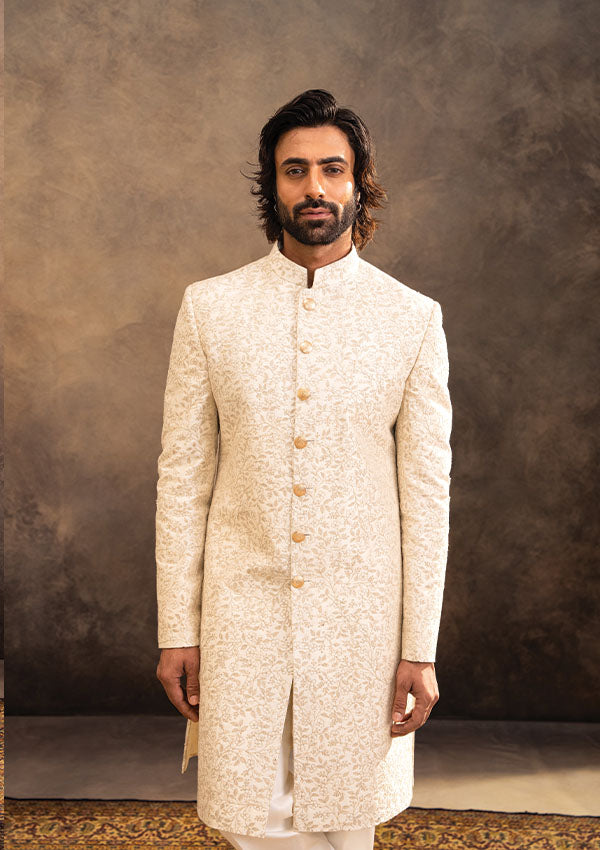 Ivory Raw Silk Sherwani Set with Kasab Machine Work and Shawl