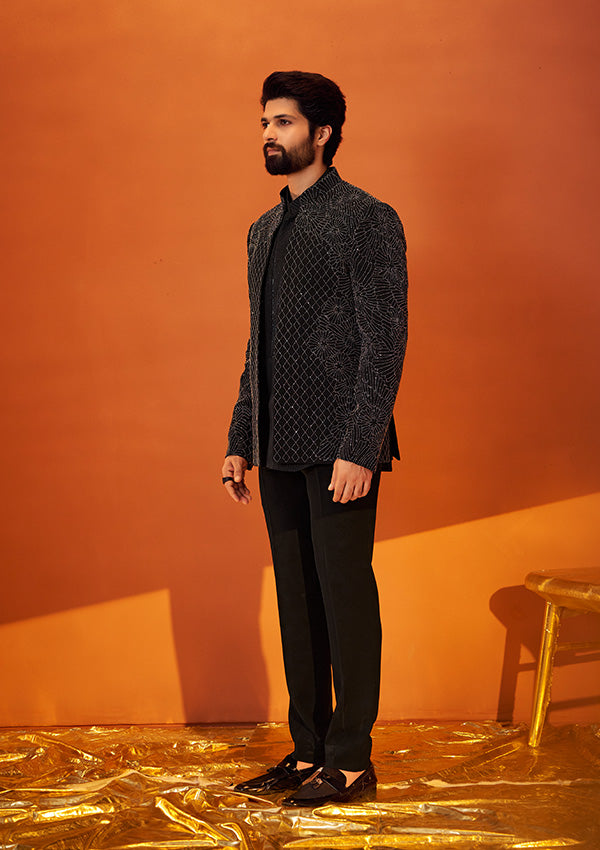Black Armani Bandhgala with Gunmetal Pearl Embroidery