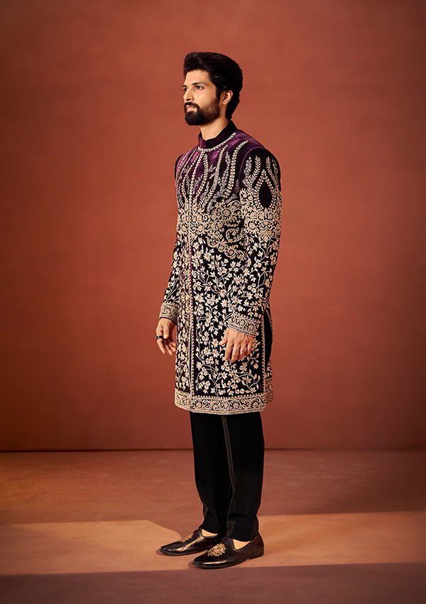 Maroon Wine Velvet Sherwani with Resham Thread and  Pearl Detailing