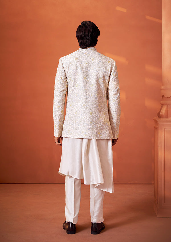 Peach Gold Fire Silk Indo Western Kurta with Handcrafted Resham Embroidery