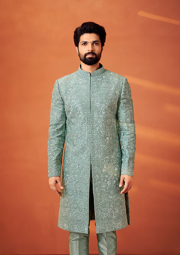 Sage Green Raw Silk Sherwani with Resham Thread and Pearl Hand Work