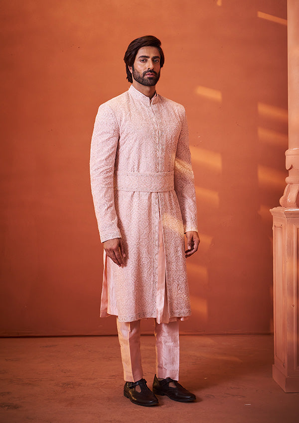 Light Pink Organza & Georgette Sherwani With Applique and Cut Dana Work