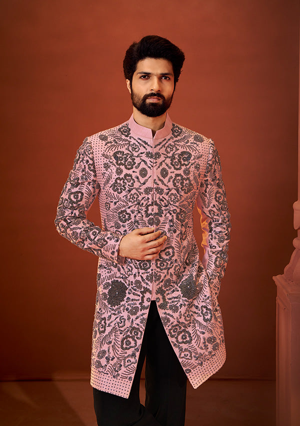 Light Peach Raw Silk Indo Western Sherwani with Handcrafted Oxidized Stone Embroidery