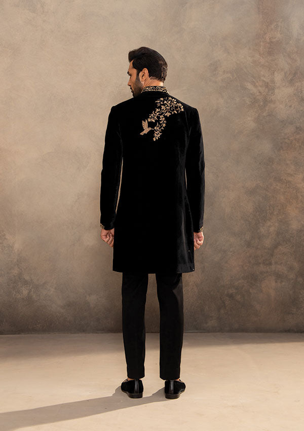 Black Velvet Sherwani and Pyjama Set with Metallic Zardozi Motifs