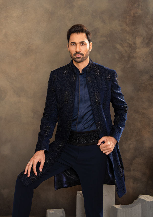 Blue Velvet Indo Western Set with Cutdana Work and Statement Belt