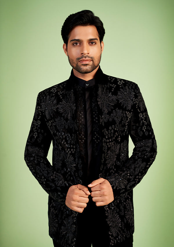 Black Velvet Jodhpuri Suit with cut moti & cut dana