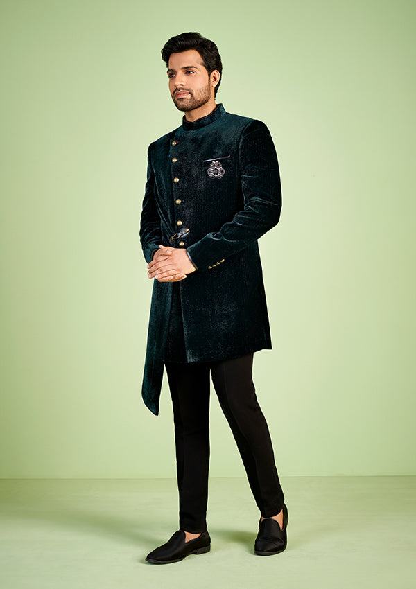 Green velvet shimmer indo western sherwani with velvet styling