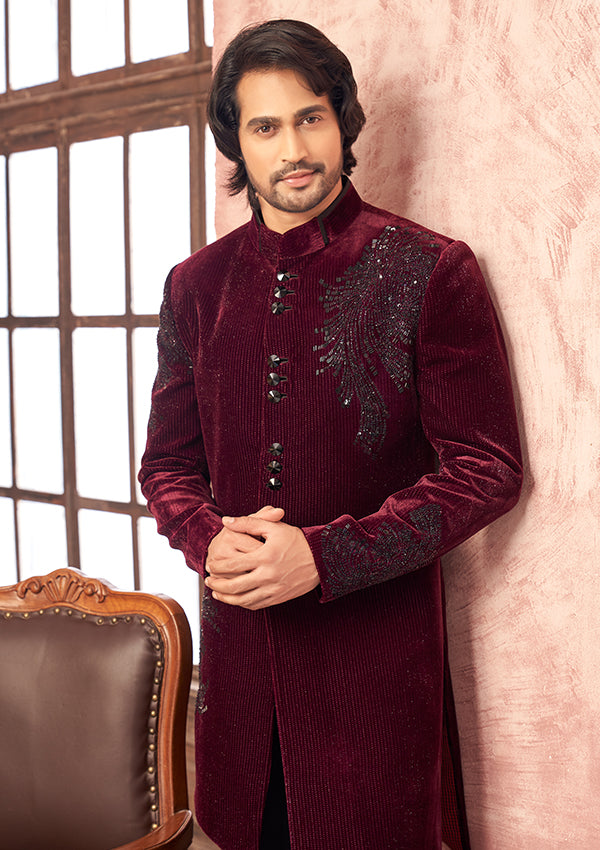 Wine Velvet Indo Western with Cut Moti Work