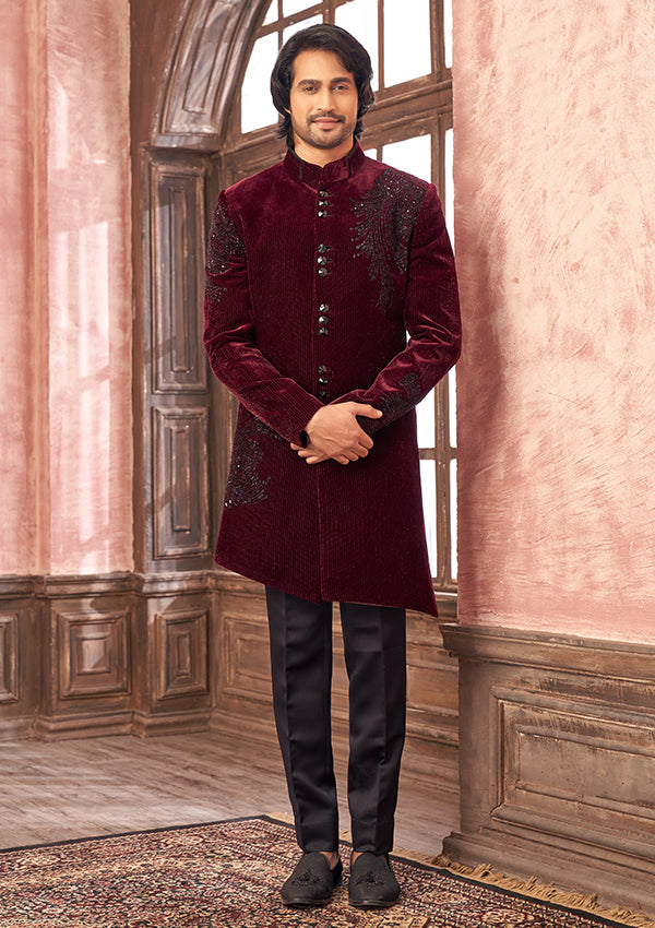 Wine Velvet Indo Western with Cut Moti Work