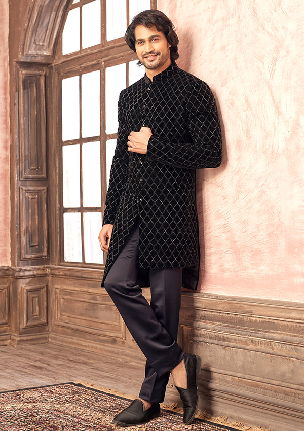 Black Velvet Indo Western with Allover Cutdana and Moti Work