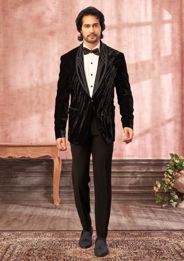 Black Velvet Suit with Allover CutMoti and Cutdana Work