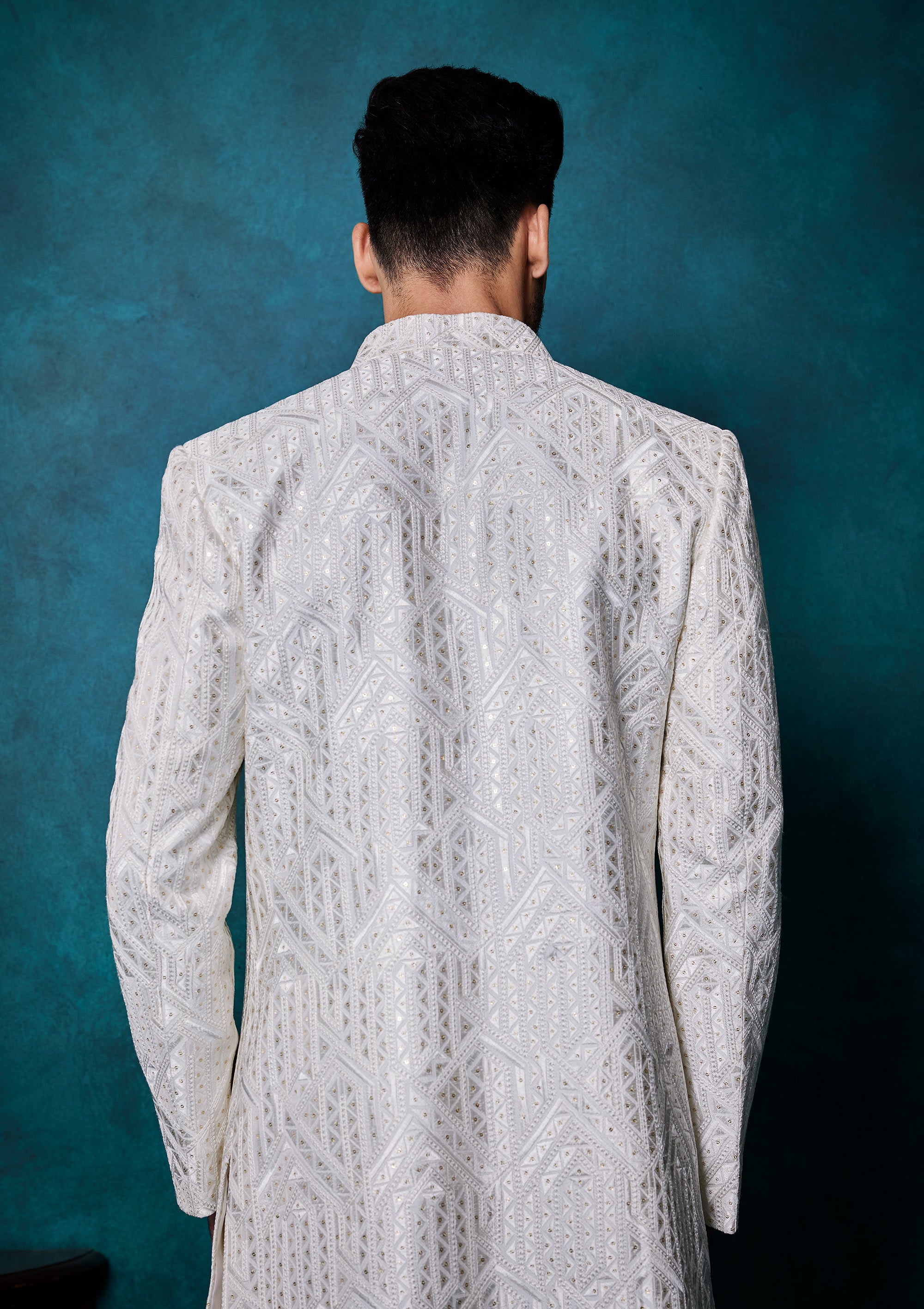 White Silk Indowestern Kurta Pyjama with threadwork