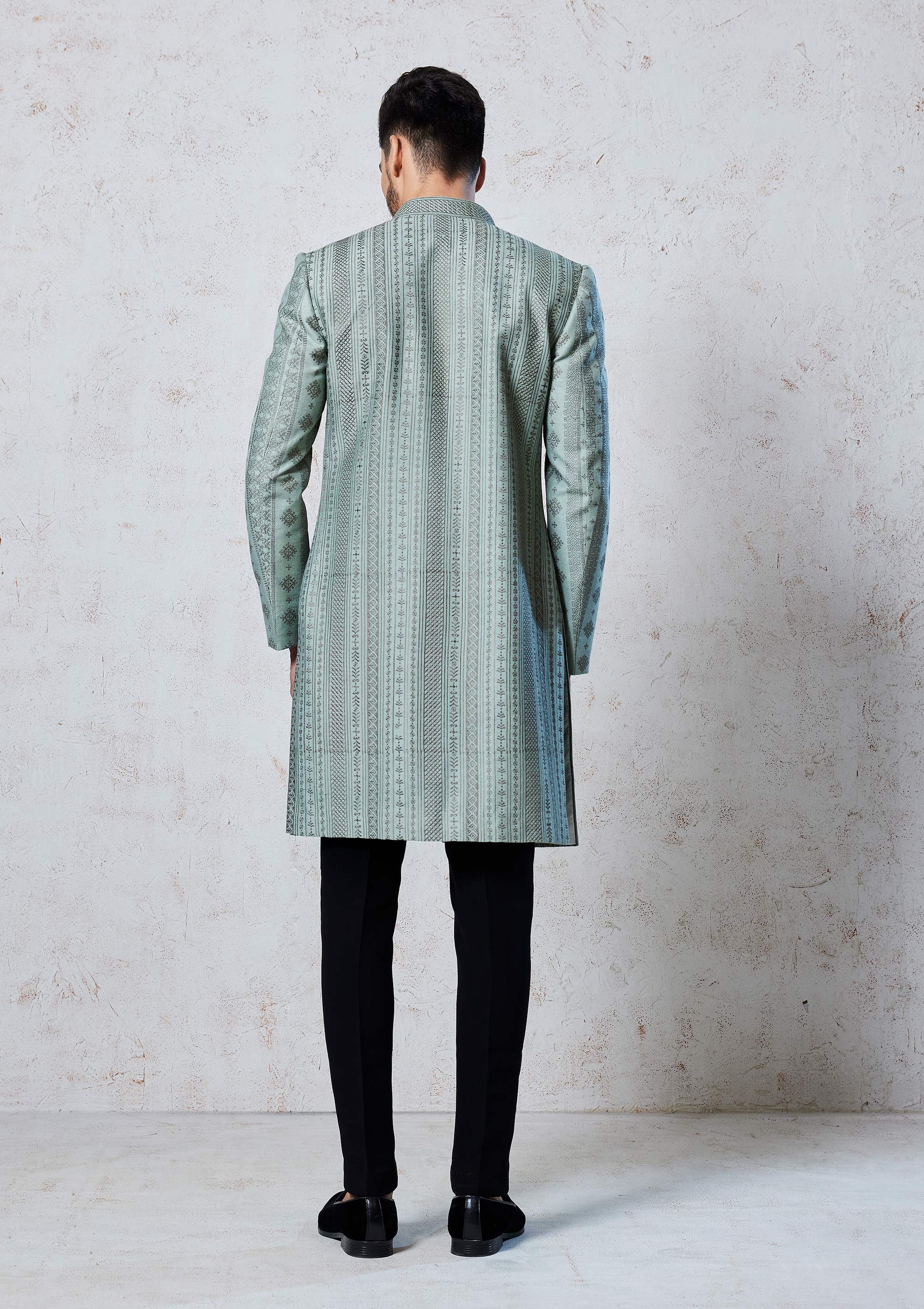 Green Silk Indowestern Kurta Pyjama With ThreadWork