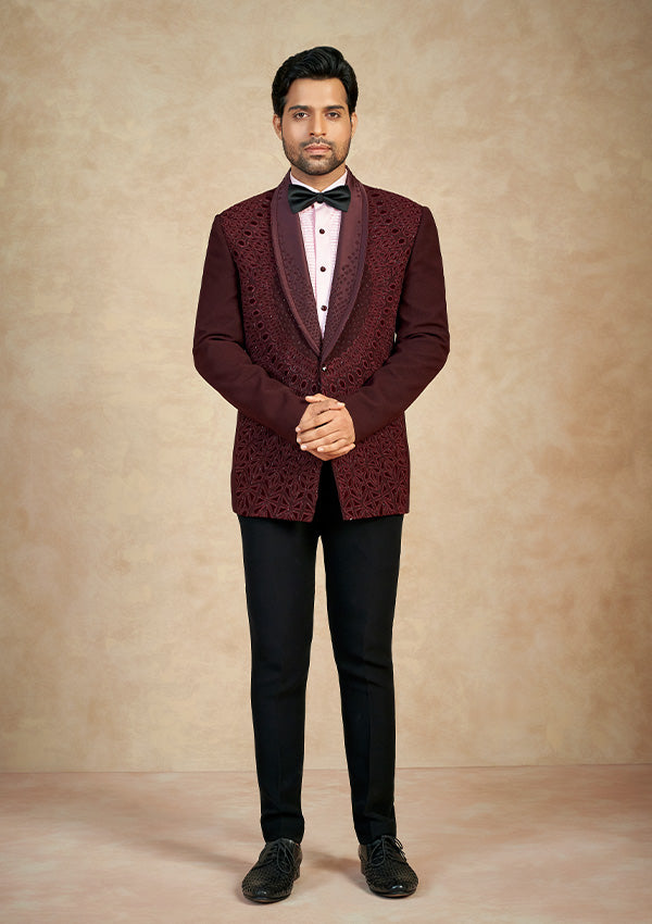 Maroon Poly Viscose Shimmer Fabrics Suit with Applic Work