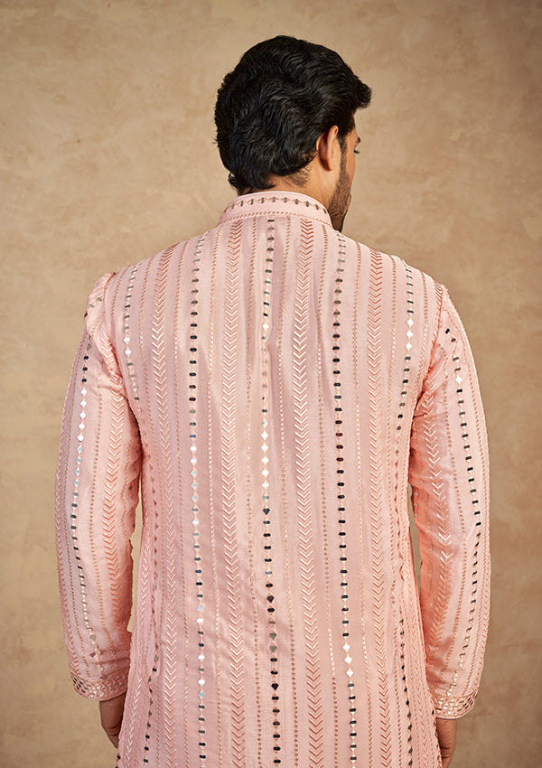 Pink silk kurta with mirror work