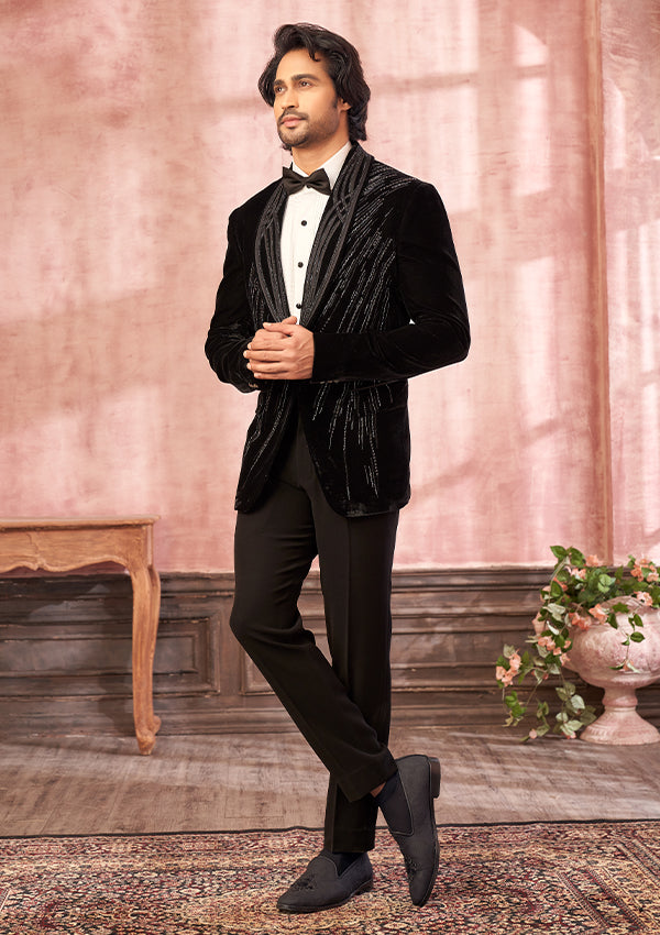 Black Velvet Suit with Allover CutMoti and Cutdana Work