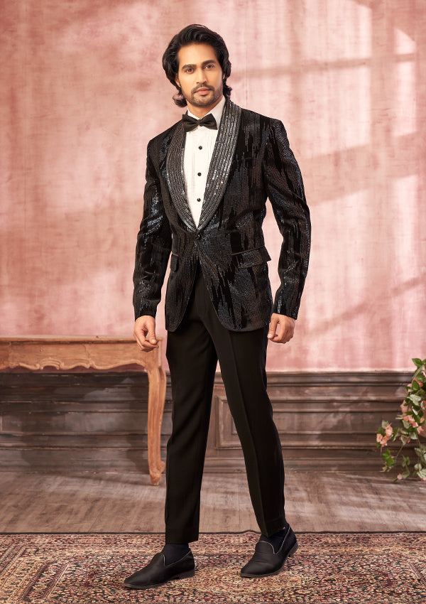 Black Velvet Suit with Fabric Stitch with tikki work MILLIONAIRE FASHIONS PRIVATE LIMITED Black Velvet Suit with Fabric Stitch with tikki work MILLIONAIRE FASHIONS PRIVATE LIMITED