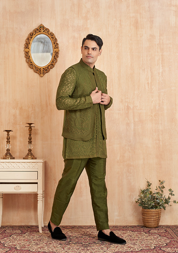 Green Georgette with All over Thread Work