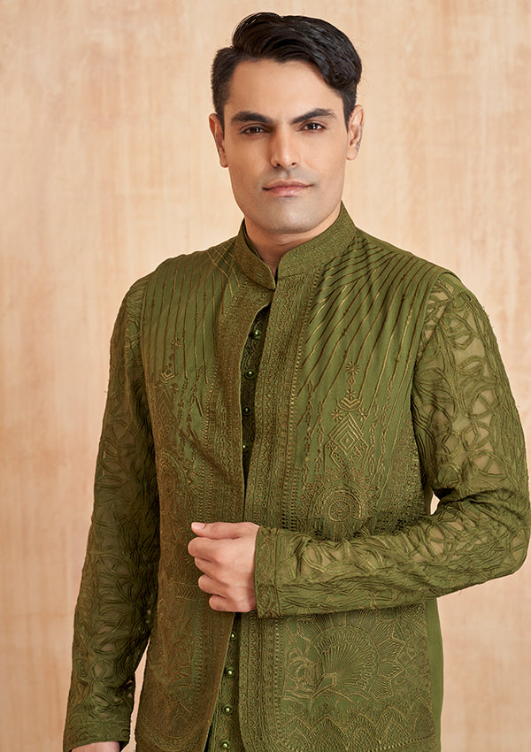 Green Georgette with All over Thread Work