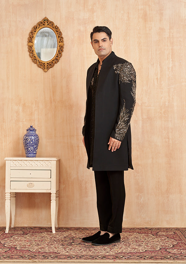 Black Indo Fabric Poly Viscose Kurta with Sali Hand work