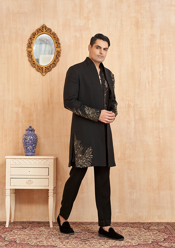 Black Indo Fabric Poly Viscose Kurta with Sali Hand work