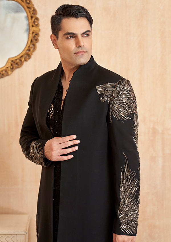 Black Indo Fabric Poly Viscose Kurta with Sali Hand work