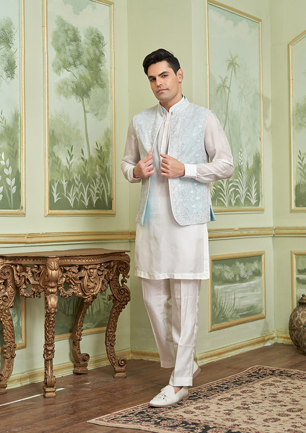 White Koti Blue Koti Georgette Fabric Kurta pajama silk with Thread work