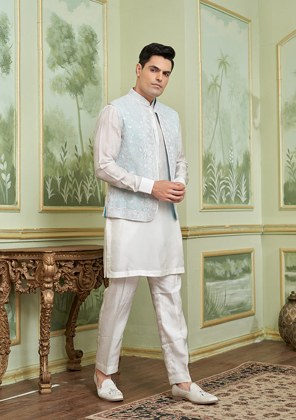 White & Koti Blue Koti Georgette Fabric & Kurta pajama silk with Thread work