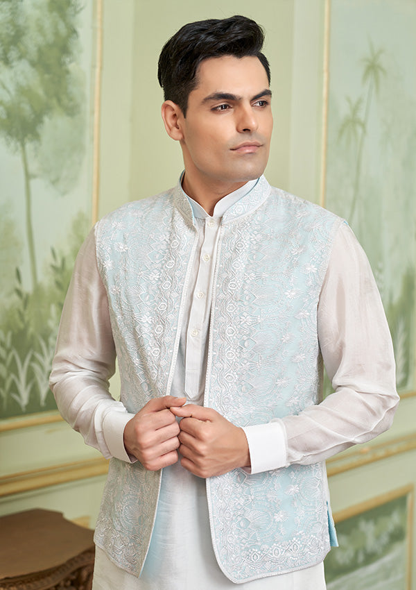 White & Koti Blue Koti Georgette Fabric & Kurta pajama silk with Thread work