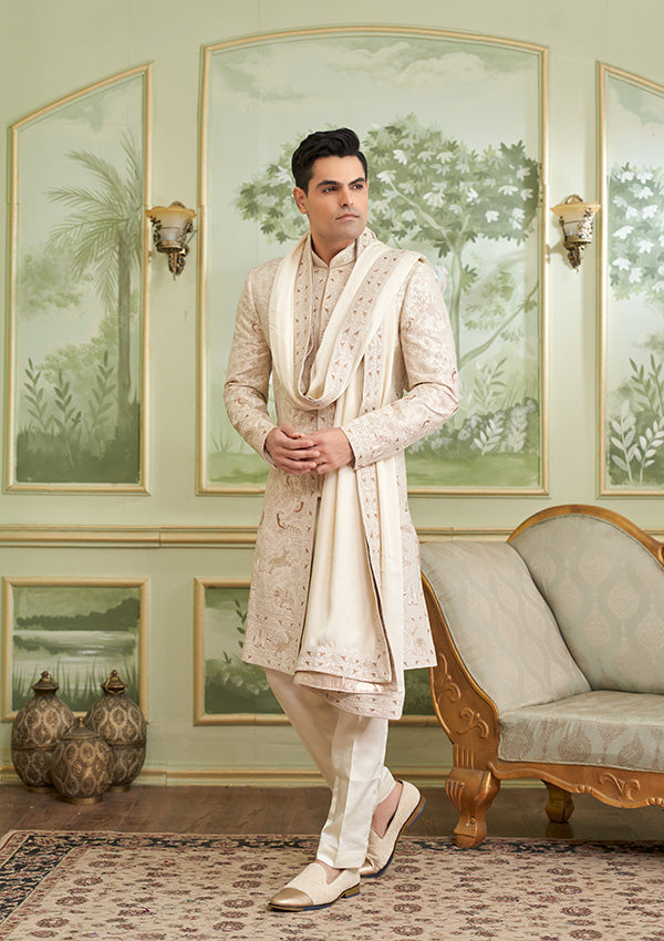 Cream raw silk & shawl modal satin with all over machine work