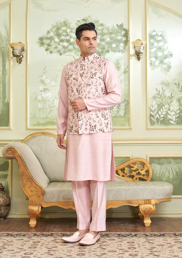 Pink Cherry Silk Kurta Koti Pajama With Multi Thread Work