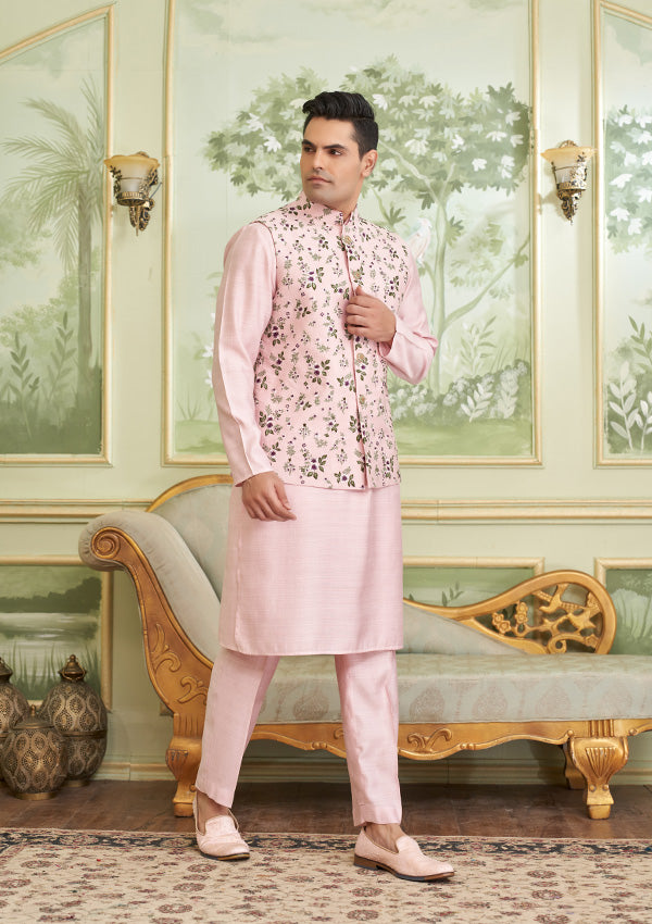 Pink Cherry Silk Kurta Koti Pajama With Multi Thread Work